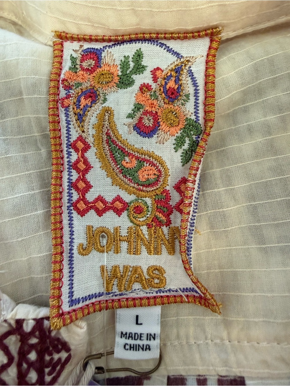 Johnny Was NWT Embroidered Floral Blouse Top Cream Burgundy Maroon Boho L - Picture 8 of 12